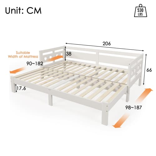 Dagbädd, utdragbar säng, 90*200cm, massiv käke, med 2. Sovmöjlighet och rullbar hjärtformad säng vit White