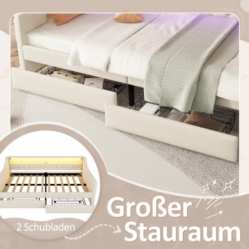 90x200 dagbädd – bäddsoffa med stämningsbelysning, USB-anslutning & lådor Beige