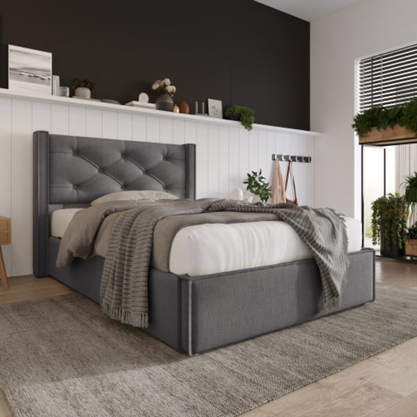 Hydraulisk enkelsäng klädd 90x200cm, säng med metallram, modern sängram med förvaring, bomull, grå Gray
