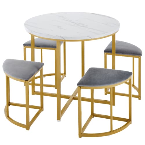 Modern matgrupp, 1 bord + 4 stolar, lyxig design med guldram & sammetsstolar, grå White+gray