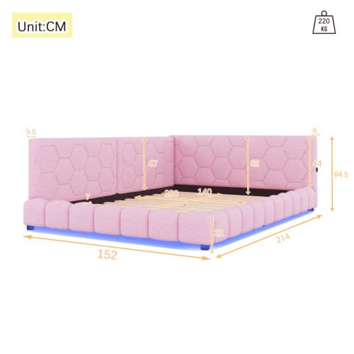 Rosa säng 140x200 cm med LED-belysning & USB-anslutningar | Vliesimitat Pink