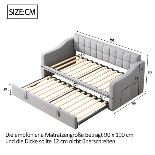 2-i-1 polstret sovesofa 90x180x190 cm i lysegrå – fløjl med stik & opbevaringspose, multifunktionelle møbler Light Gray