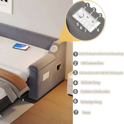 Smart bäddsoffa med klädsel 90/180×190 cm | Grå sammet | Med Bluetooth-ljud & USB Gray