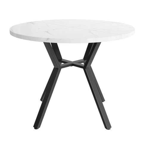 Rundt spisebord 100 cm, marmorlook & sort X-stel, moderne sofabord, stabilt, til stuen Black white