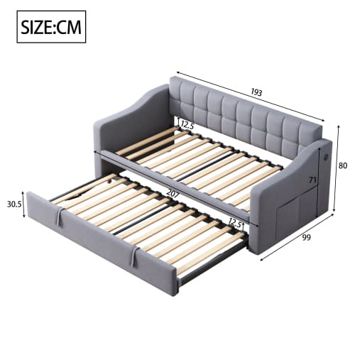 Seng polstret sovesofa 2-i-1 (90x180cm) Grå – fløjl med stik & opbevaringstaske, multifunktionelle møbler Gray