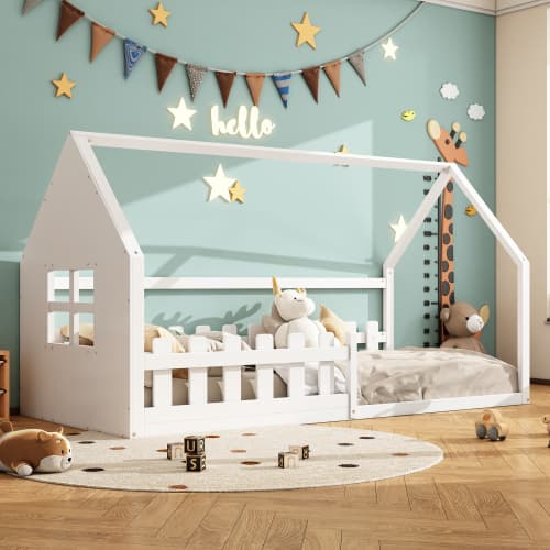 Vit platt säng 90x200cm - spjälsäng med spjäla - Enkel & säker design White