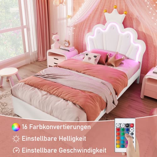 Vit Princess Spjälsäng 90x200 cm med LED & Låda | PU-överdrag White