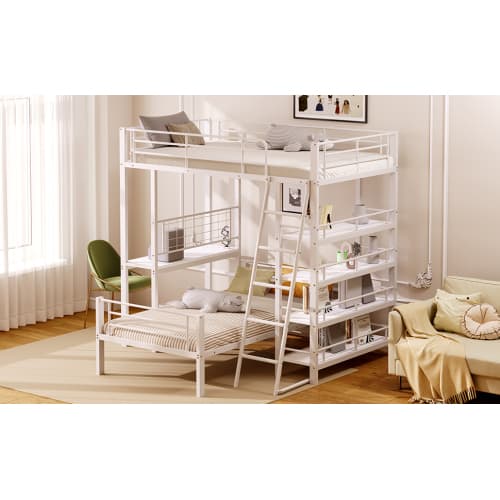våningssäng 90x200 cm, metall högsäng med 3 hyllor & stege, vit – säker & stabil White
