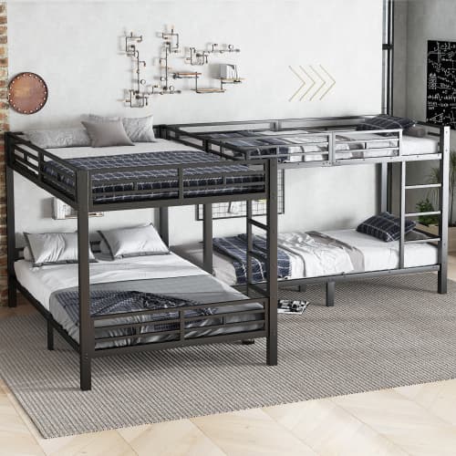 Våningssäng med multibäddskonfiguration, 90x200cm & 140x200cm, trestegsstege, robust järnsäng, svart Black