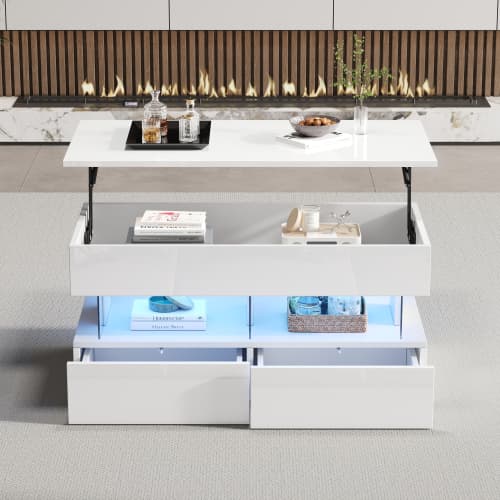 Højdejusterbart sofabord med LED-belysning, løfteplade og 2 skuffer, 120x50cm højglans, glas/MDF, hvid White