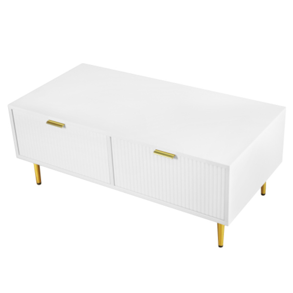 Modernt vitt soffbord med gyllene detaljer, 2 lådor, vertikal randdesign, 100*50*40cm, vardagsrums soffbord, kort skåp för soffa White