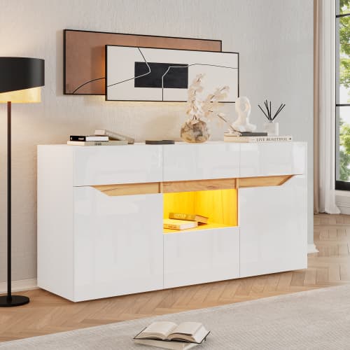 Skænk 140x70cm, kommode med 4 skuffer & 2 rum, grebsfri med LED-belysning, højglans hvid/træ white