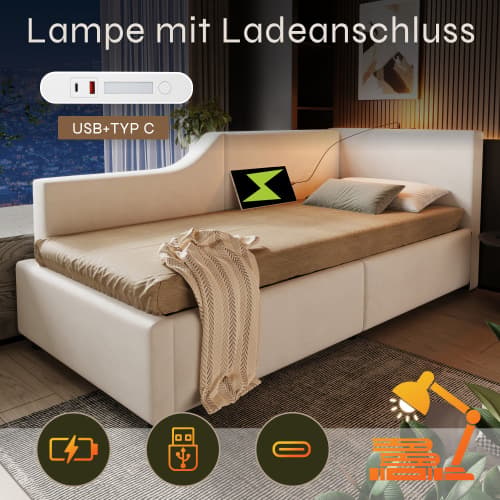 Dagsäng 90x190cm, bäddsoffa med hydraulisk förvaring, läslampa och USB-C laddningsfunktion Beige