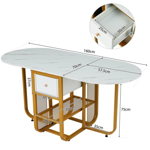 Vikbart matbord, expanderbart matbord, multifunktionellt utdragbart matbord, matbord med förvaringsutrymme, White+Gold