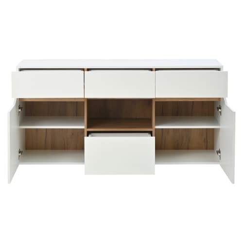 Skænk 140x70cm, kommode med 4 skuffer & 2 rum, grebsfri med LED-belysning, højglans hvid/træ white