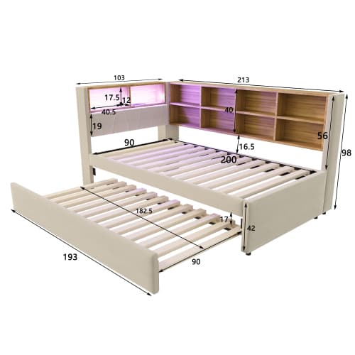 Sovesofa med LED-belysning og stikkontakter, udtræksseng 90x190cm, rigelig opbevaringsplads, beige flannel, multifunktionel Beige