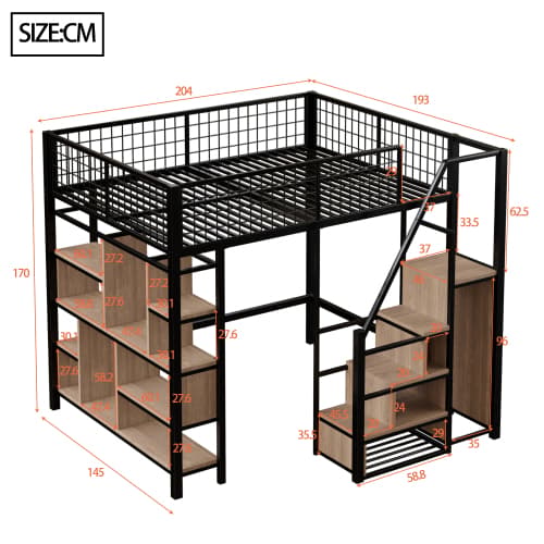 Loftseng 140x200 cm sort med opbevaringsplads og trapper - metalseng med hylder til voksne og børn Black