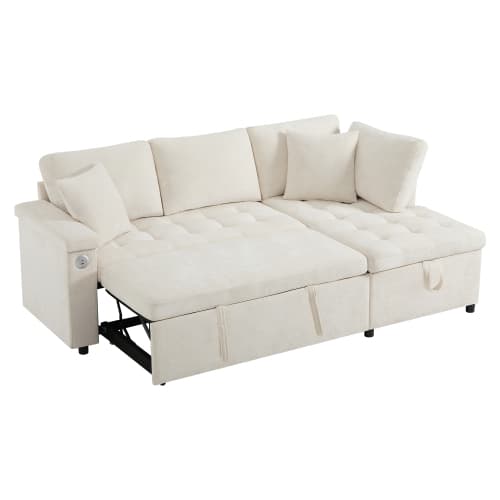 Beige L-formad soffa med sovfunktion och USB-laddning - Utdragbar, förvaringsutrymme i armstöden, 2 kuddar Beige