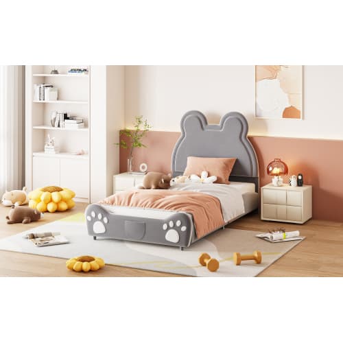Barnsäng med klädsel 90×200 cm i björnform | Grå velour | Enkelsäng Gray