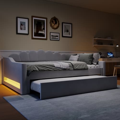 Dagsbädd 140x200cm grå - vadderad med LED-belysning & utdragbar säng, modern bäddsoffa med komfortfunktioner Gray