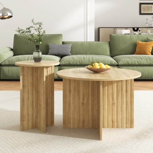 2-delt træ Nest bord sæt | Runde sofaborde i Scandi design | Pladsbesparende & alsidig | Robuste MDF-plader | Hvid Natural
