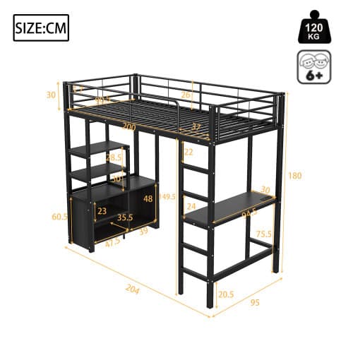 Svart våningssäng 90x200 cm med skrivbord & förvaring | Modern järnram Black