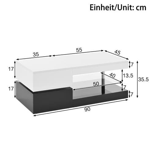 Sofa bord med APP/Bluetooth-styring & LED-stemningsbelysning, 90x45cm, glas/højglans, sort og hvid white