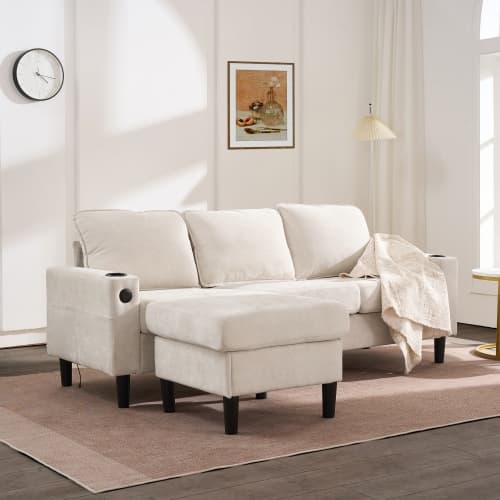 Bäddsoffa med USB-C – 3-sits klädd i linne | Med 2 dryckeshållare för vardagsrum/sovrum | Modern design Beige
