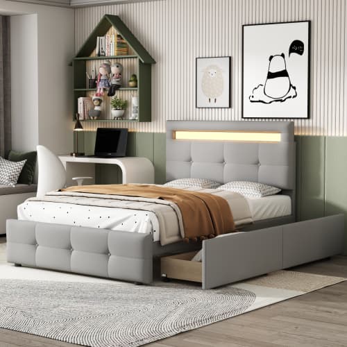 Modern stoppad säng 90×200 cm med LED-belysning - linnetyg & 2 lådor (grå) Grey