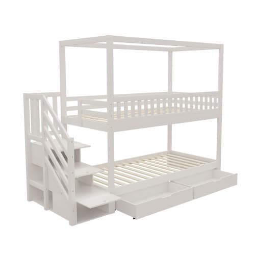 Golvsäng 90×200 cm i husform | massivt trä | Vit | Med förvaringsfack & säkerhetsstege White