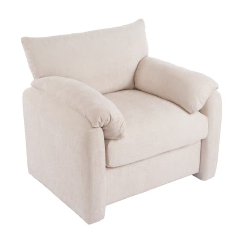 Överdimensionerad fåtölj i chenille - Modern enkelsoffa i designlook - Bekväm fritidsstol för vardagsrum & sovrum - Dekorativ & mysig Beige