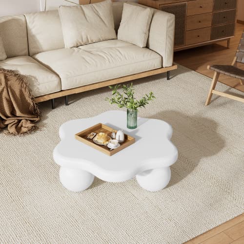 Krämvit blom-soffbordsbord 80cm – Romantiskt soffbord i blomform | Vardagsrumsbord med lekfull design White