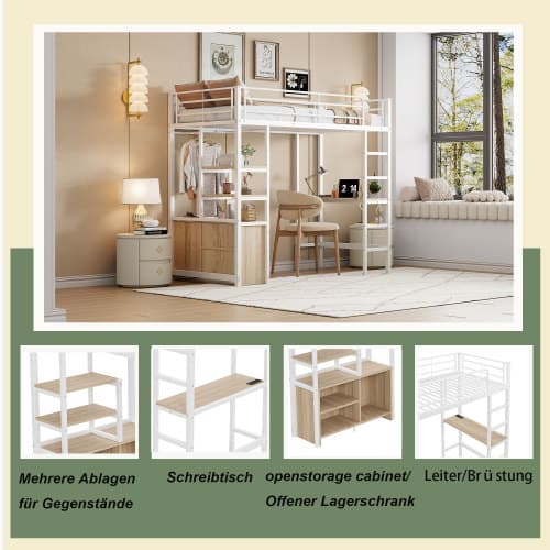 Vit hög säng 90x200 cm med skrivbord & förvaring | Järnram White
