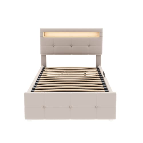 Barn-Säng 90x200 - med LED & Förvaring | Höjdjusterbar Sammetssäng i Beige | Högbox-Design Beige