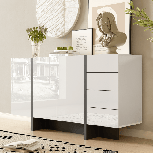 Högblank vit skänk (2 dörrar + 4 lådor) – enkel inredning i modern design – lättskött White+Black