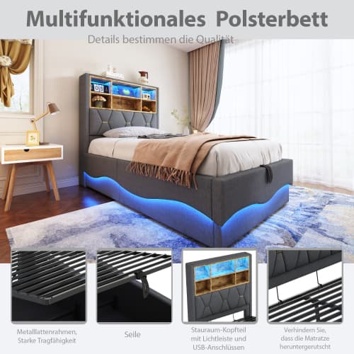 Säng 90x200cm grå - Med APP LED-ljusband & USB - Hydraulisk förvaring - Metallplåt & linnestoppning Gray