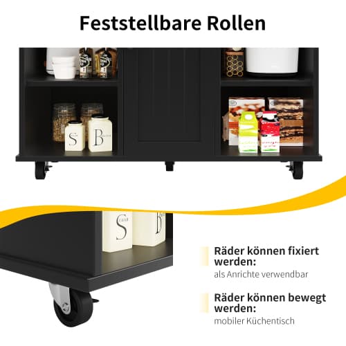 Modern köksö (127×46×91,5 cm) köksskåp med träådring, matvagn med multifunktionell förvaring Black