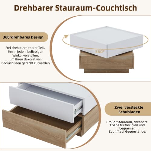 Multifunktionellt bord Vit/Valnöt – 60 cm soffbord med dubbelsäng & förvaringsfack | 360° rotation för flexibelt vardagsrum Natural Walnut