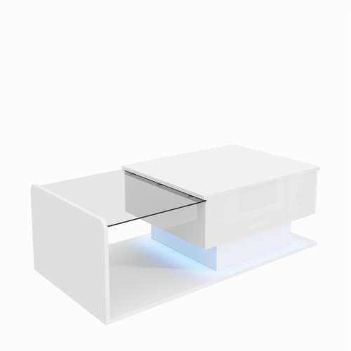 【Højglans hvidt sofabord】Med LED-belysning & glasplade, moderne sidebord med opbevaringsplads White
