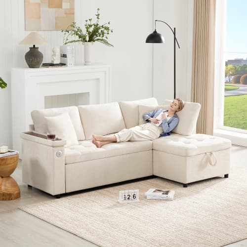 Beige L-formad soffa med sovfunktion och USB-laddning - Utdragbar, förvaringsutrymme i armstöden, 2 kuddar Beige