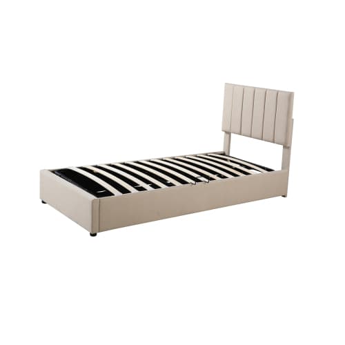 Sängram 90x200 cm - Hydraulisk förvaringssäng med hudvänligt linnetyg Beige