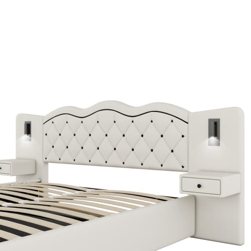 180x200cm Premium säng beige - Med hydraulisk säng & USB - vadderad sänggavel + 2 lampor Beige