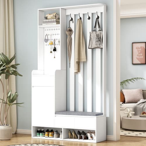 Vit hallmöbel med klädd bänk & panel – multifunktionellt skoskåp med 4 krokar – 100×35×180 cm White