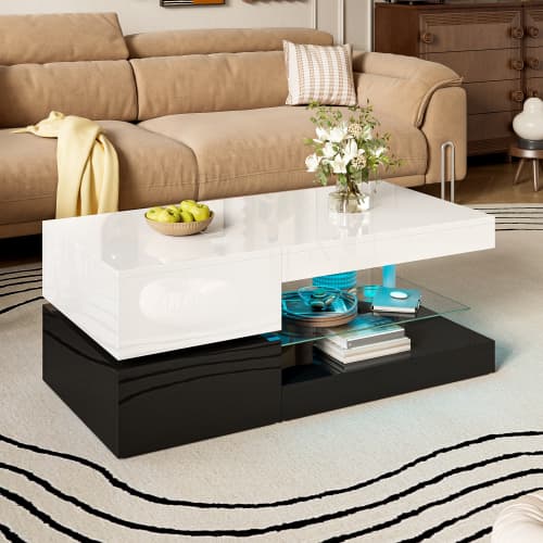 Sofa bord med APP/Bluetooth-styring & LED-stemningsbelysning, 90x45cm, glas/højglans, sort og hvid white