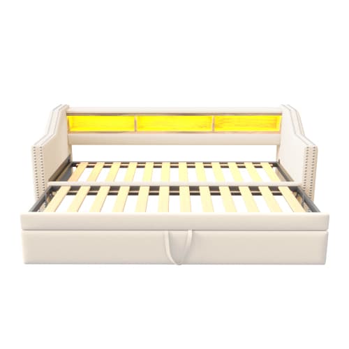Soffa med bäddfunktion 90/180x190 cm Beige - utdragbar säng med LED, USB & förvaringsfack (multifunktionell soffa, inkl. ribbotten) Beige