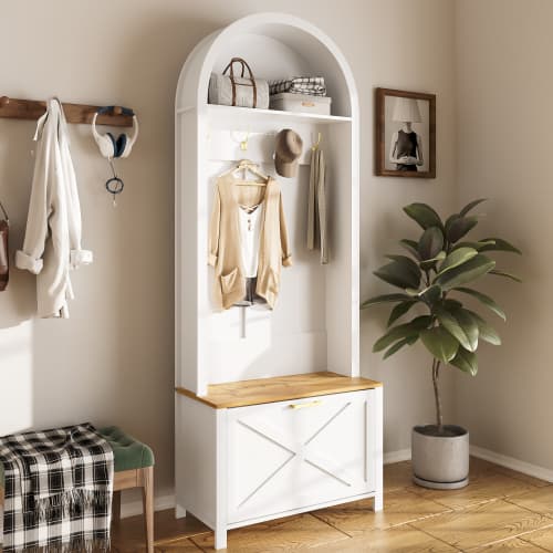 Garderobe med skohylde, hylde og kroge - robuste jernfødder, MDF-krop til entré White