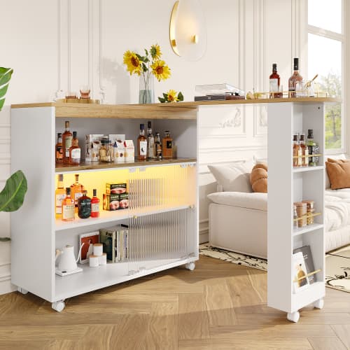 Vitt utdragbart barbord med LED & stort förvaringsutrymme – Modernt bistrobord (138-204×39×105 cm) White
