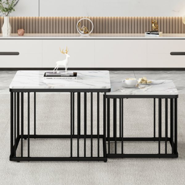Stilrent 2-delat soffbordsset, fyrkantiga bord i 60*60*45cm & 45*45*40cm, blank marmoroptik White