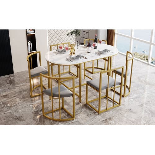 Modern 6 matbordsset i vitt/grått med gulddetaljer – elegant matrumskombination Gold