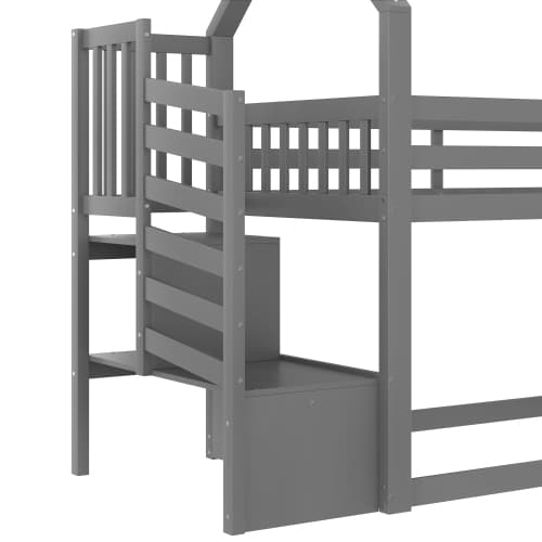 Køjeseng 90x200 cm grå med rutsjebane og opbevaringstrappe - husseng med sikkerhedsrækværk til børn Gray